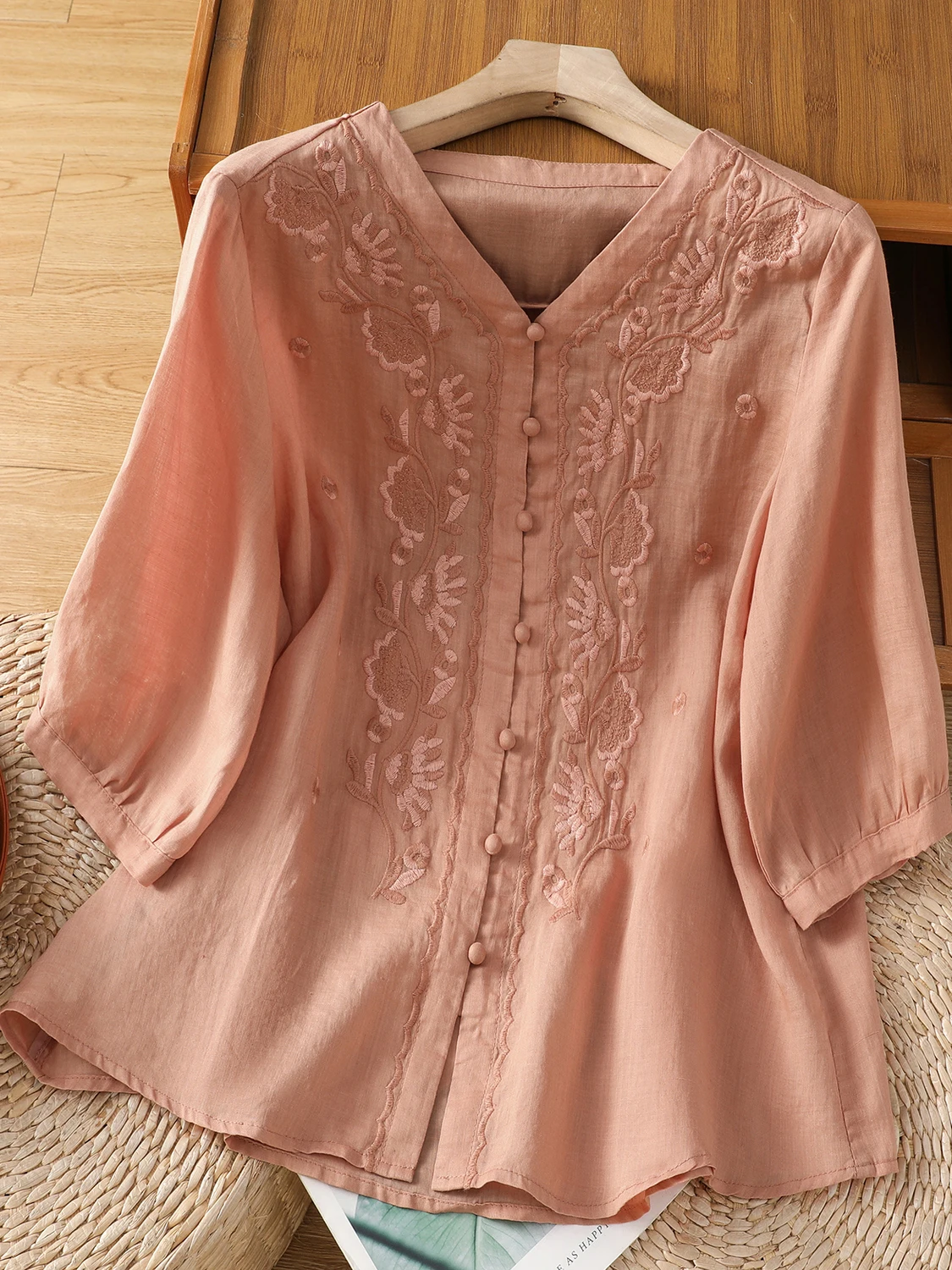 Женский летний свободный топ из хлопка и льна с вышивкой в китайском стиле в стиле ретро, V-Ne, топ пяти четвертей све