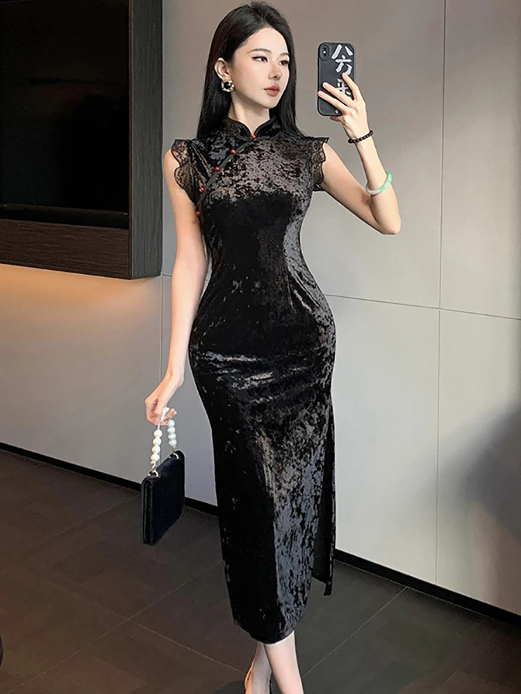 

Элегантное черное бархатное жаккардовое кружевное платье без рукавов 2026 года: весенне-летнее, в стиле чонсам, корейское винтажное платье Хепберн для женщин
