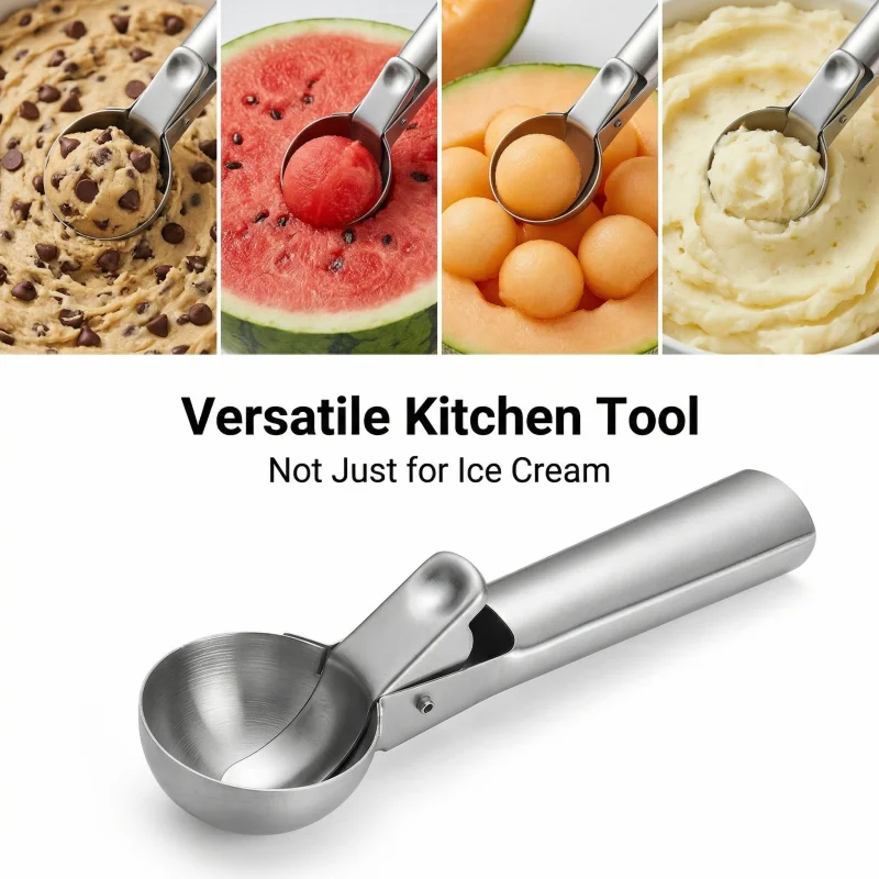 Stainless steel ice cream scoop with trigger for non-adhesive smooth scooping of frozen yogurt, fruit, melon balls, kitchen util