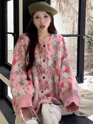 Vintage Cardigan Women Flower Loose Korean Soft Sweet Knit Sweater Female Winter Chic Long Sleeves Lazy Knitwears Lady