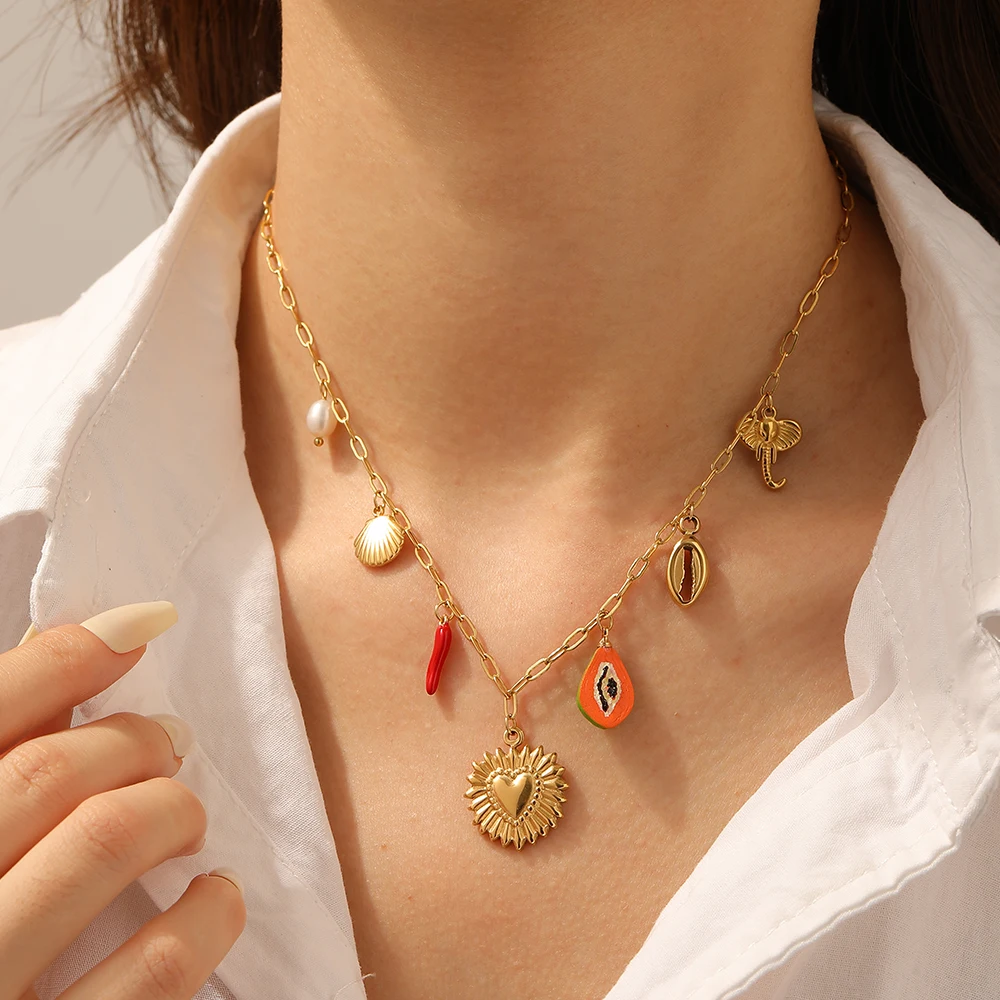 DIEYURO 316L Stainless Steel Pepper Pearl Shell Heart Sun Elephant Pendant Necklace Women Waterproof New Fashion Neck Chain