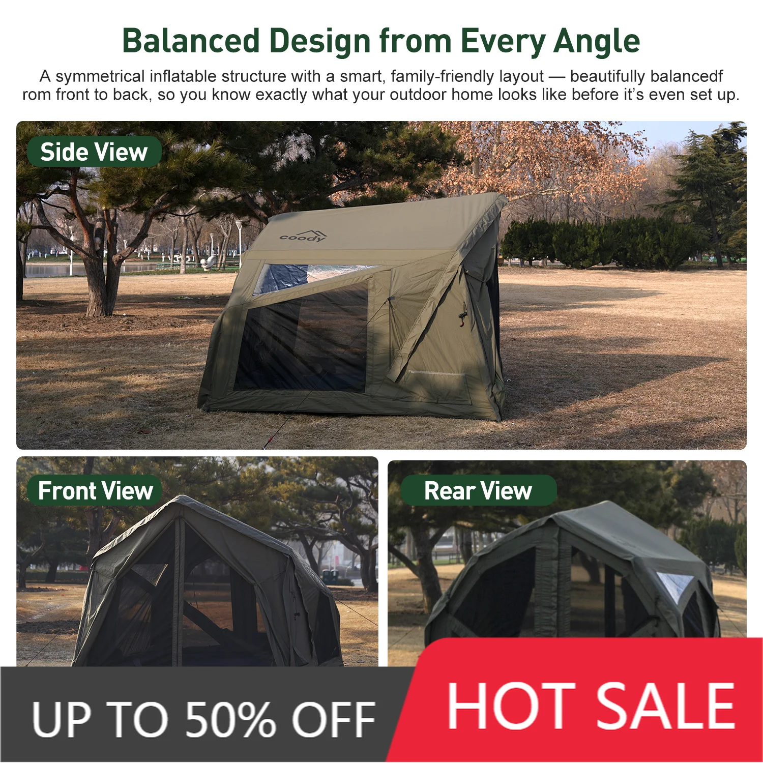 Waterproof Modern 4 Season Coody Yustona Army Green Inflatable Tent Outdoor Camping House Air Tent