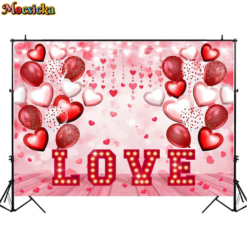 Valentine's Day Theme Background February 14 Pink Love Balloon Party Decoration Banner Birthday Portrait Backdrops Photo Shoot