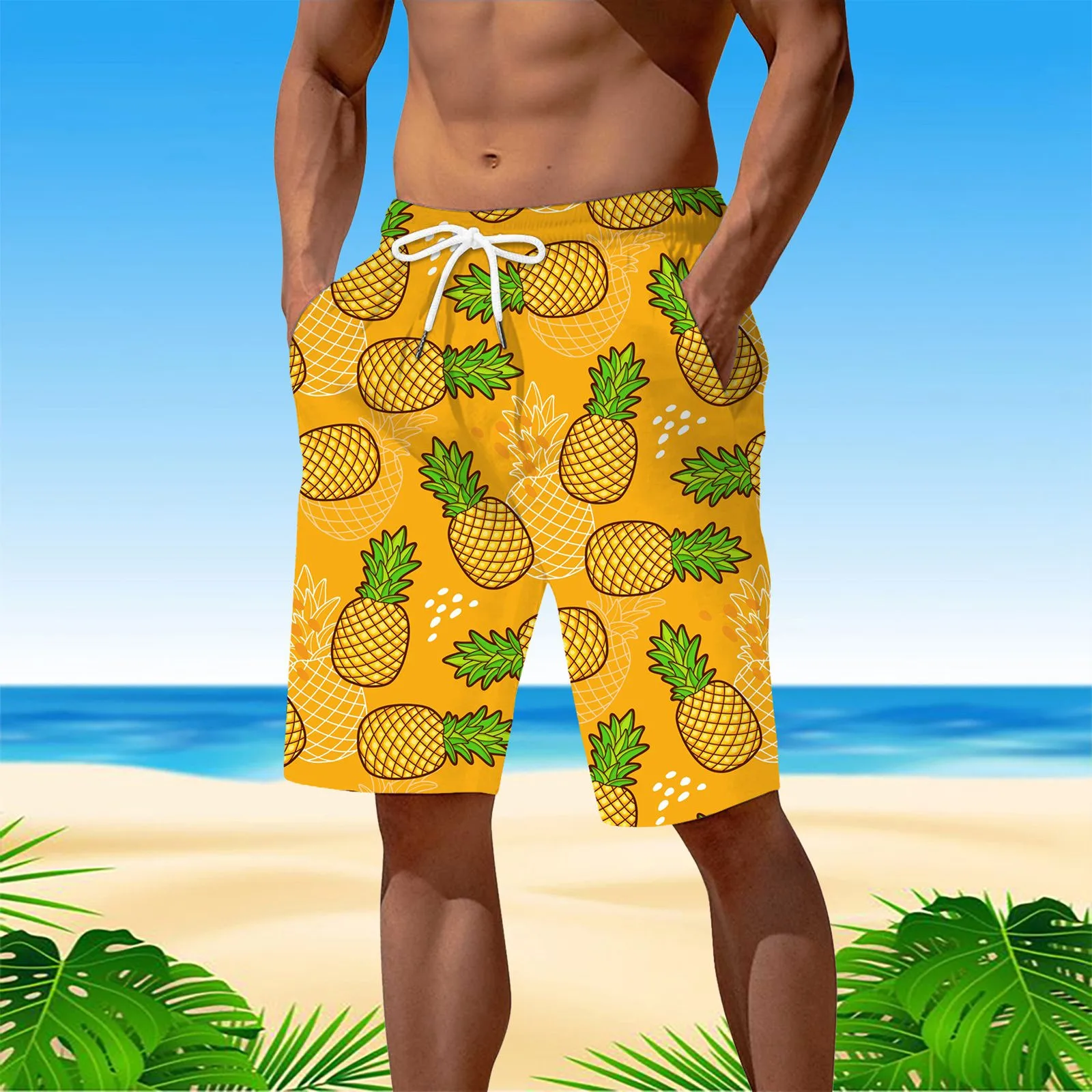 Shorts de praia havaiano verão dos homens, shorts de bordo casual trópicos, maiô estampado em 3D, Holiday Surf Swim Trunk Fashion