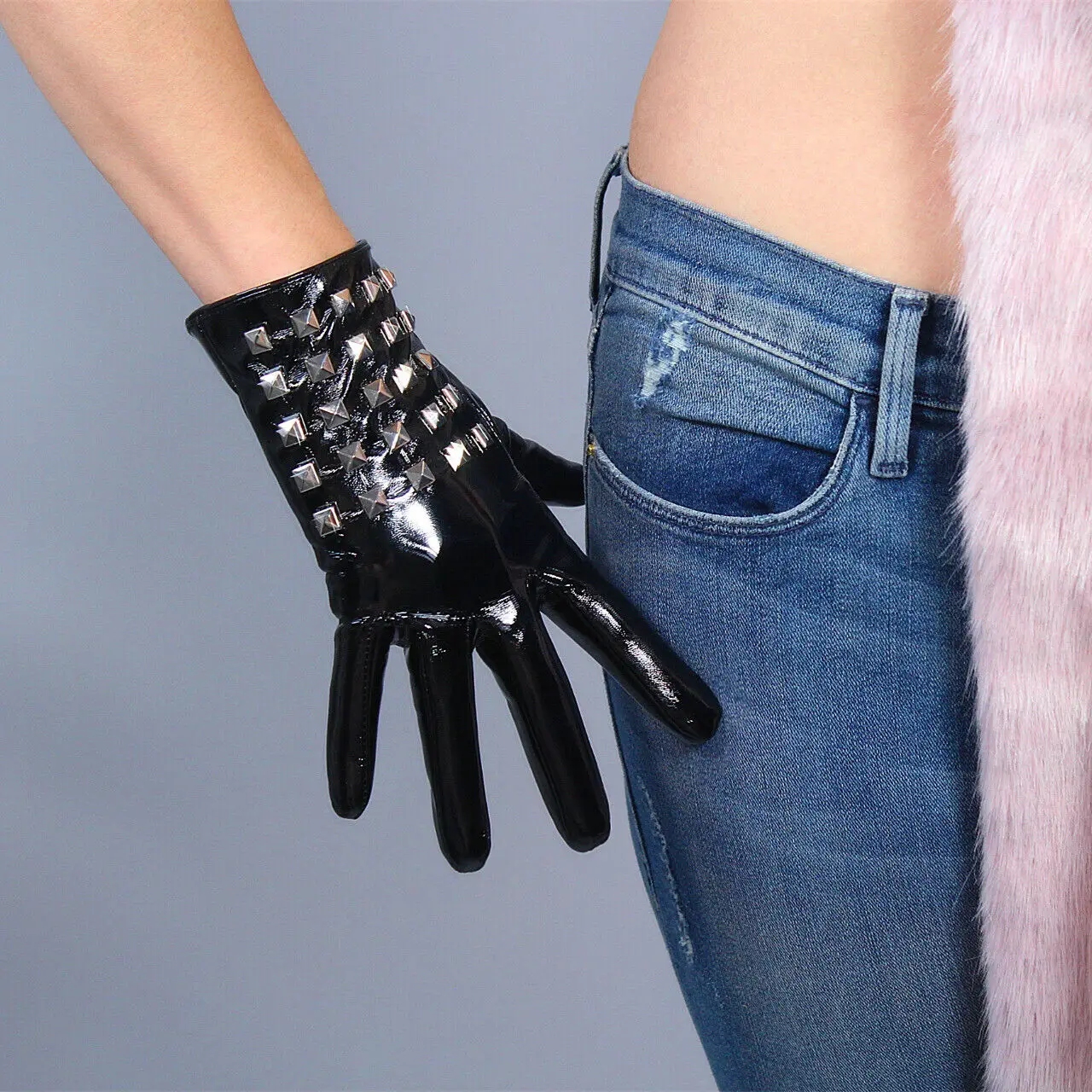 DooWay Women\'s Shiny Black Short Leather Gloves TECH Faux Winter Warm Metal Studs Cool Club Wear Cosplay Costume Driving Glove