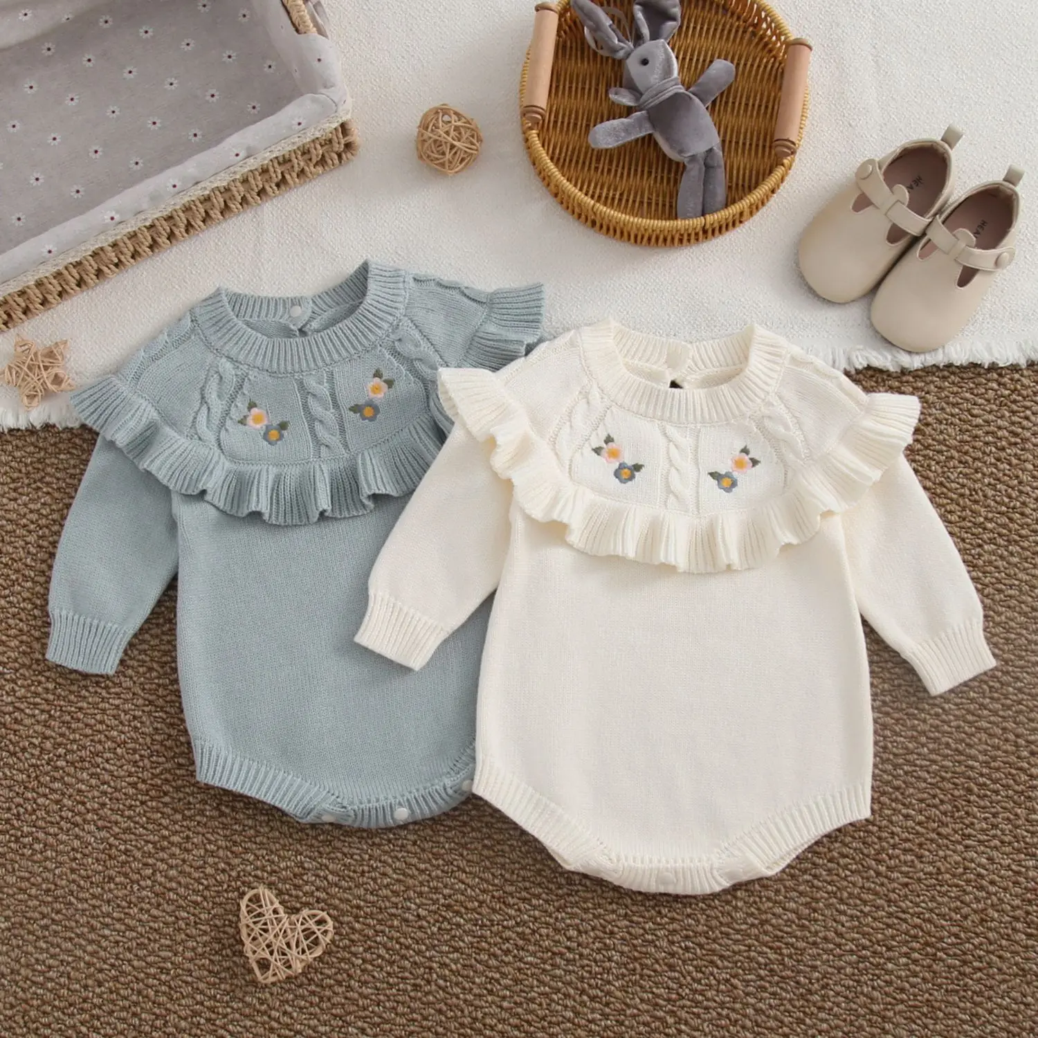 0-24M Newborn Kid Baby Girl Winter Clothes Flower Print Knit Romper Thick Warm Bodysuit Princess Sweater Outfit