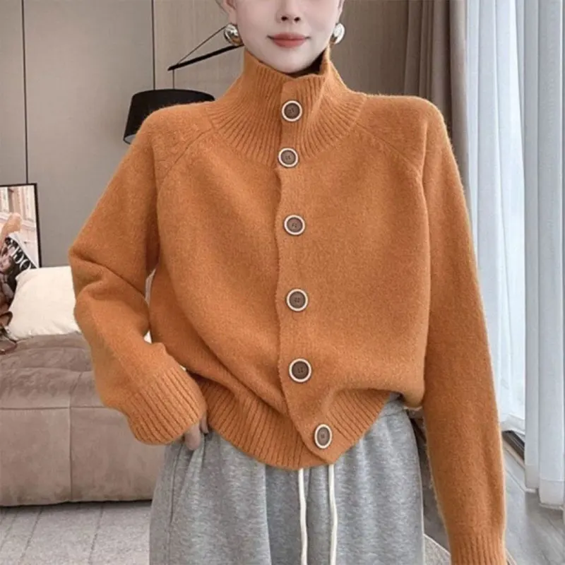 Koreaanse Vintage Coltrui Gebreide Truien Herfst Winter Casual Losse Dameskleding Lange Mouw Basic Fashion Button Truien