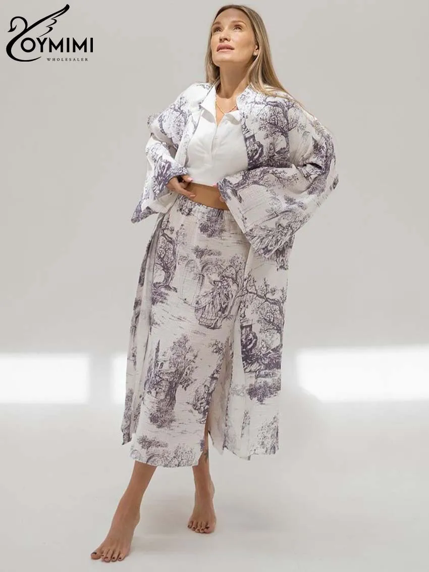 Oymimi Elegant White Print Sets For Women 2 Pieces Fashion Lapel Long Sleeve Button Robe And High Waist Slim Straight Skirts Set