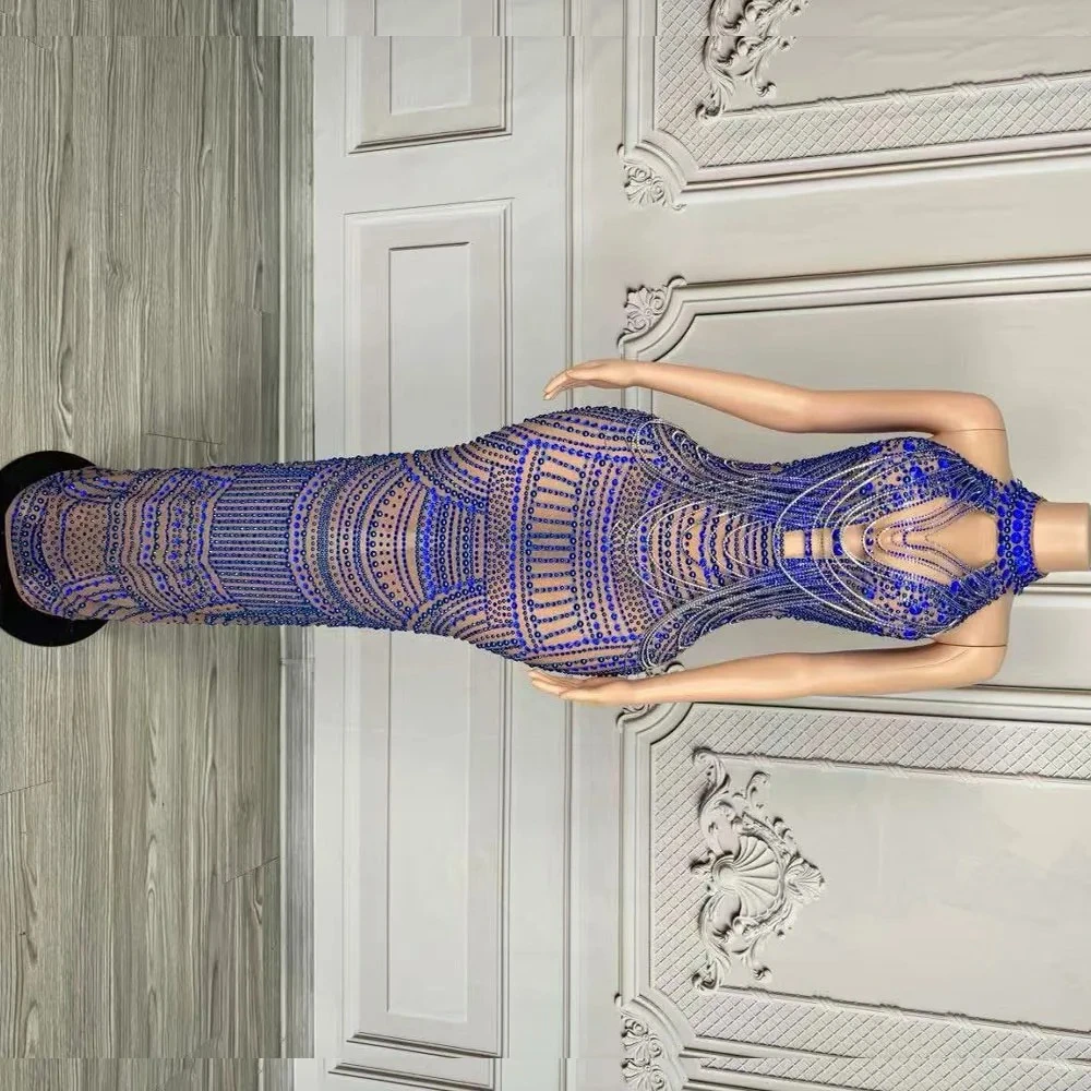 Luxury Pearl Chain Blue Black Nude  Rhinestones Dress Women Sexy Mesh Dress Singer Stage Wear Wedding Birthday Photoshoot Dress