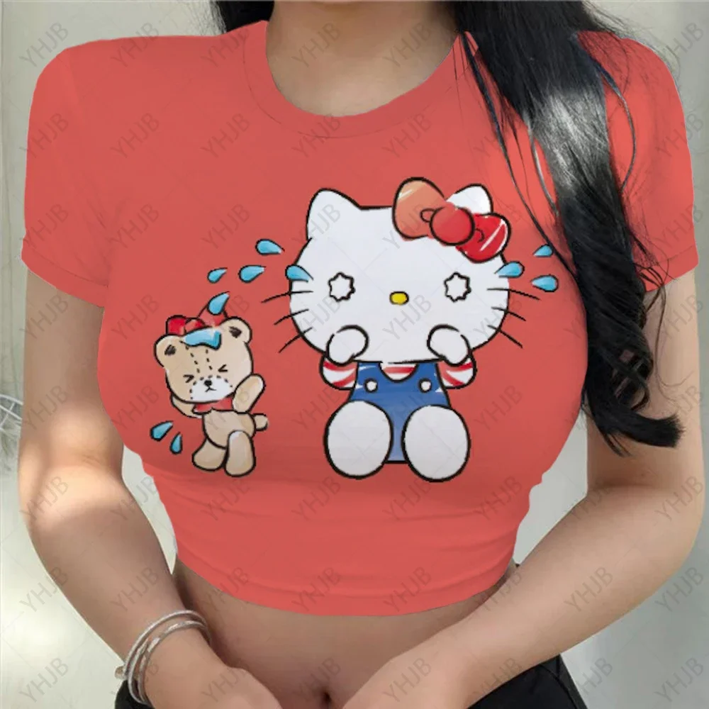 Summer Women Hello Kitty print Hot Short T-Shirts Sexy Crop Tops Short Sleeve Cartoon Cat Tee Tops Female Shirts Gilrs Clothes