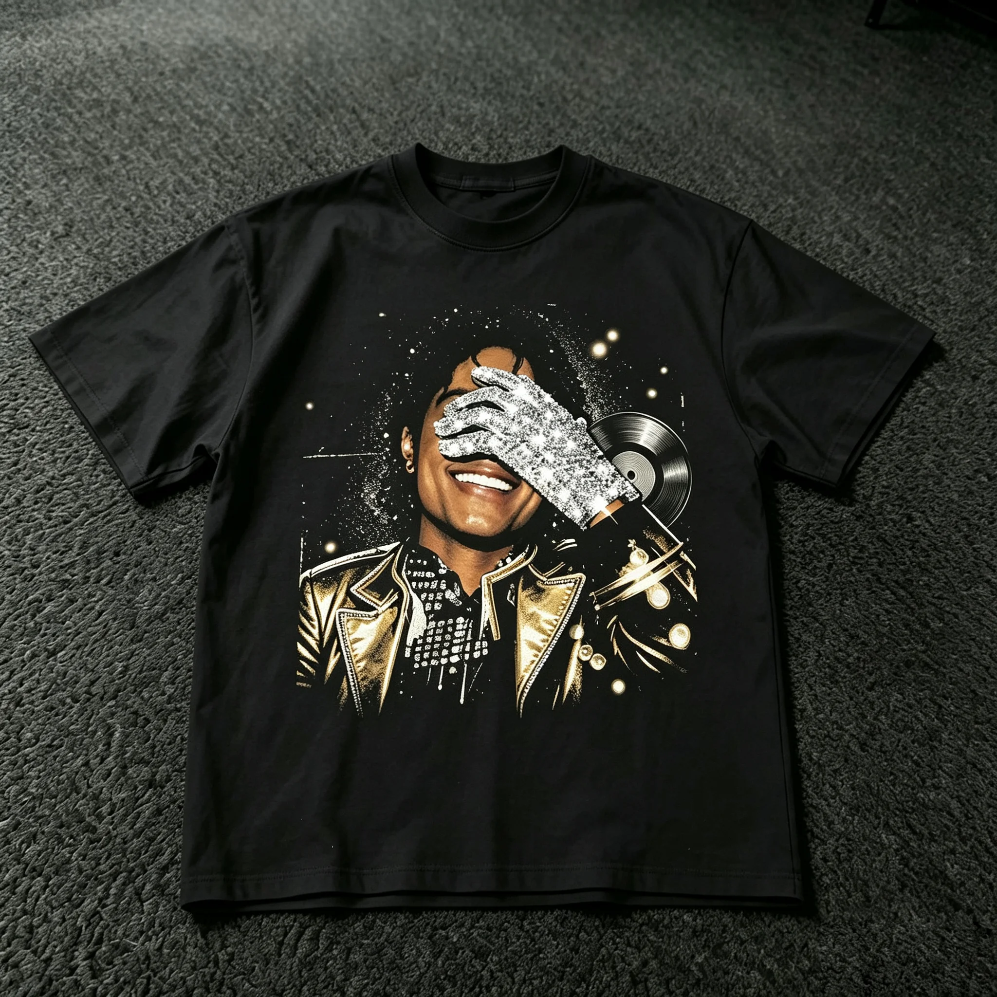 Michael Jackson T‑Shirt Silver Rhinestone Glove Portrait Vintage Pop Music Star Retro King Of Pop Graphic Streetwear Unisex Cotton Short Sleeve Tops for Men Women
