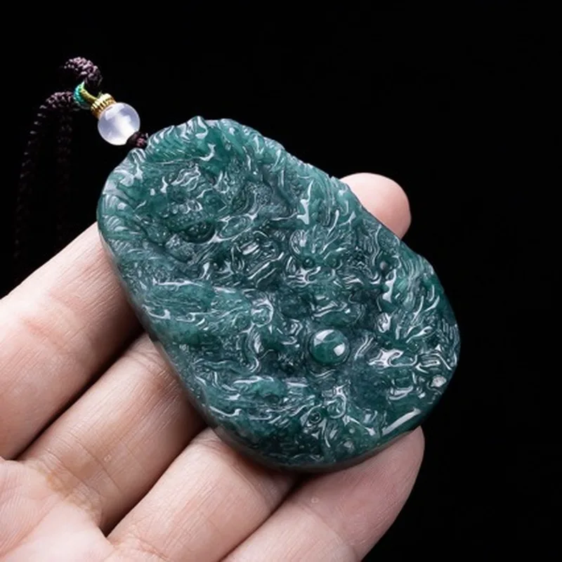 Natural Grade A Ice Jade Zodiac Pendant, Blue Water Nine-Dragon Jadeite Ornament for Men and Women