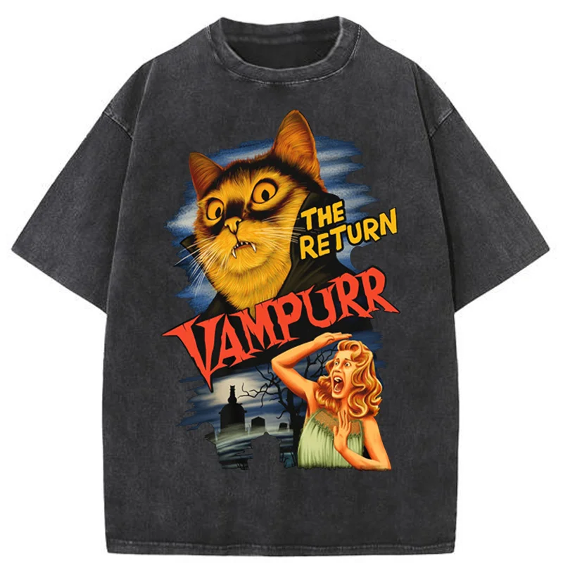 

Fashion Retro Washed Old Cat Cat Printed Short-sleeved Men's and Women's Trendy Brand Loose and Versatile Couple Half-sleeves