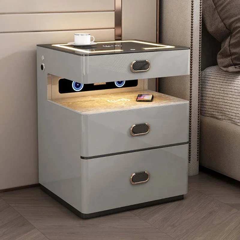 

Modern Smart Wood Bedside Table With Integrated Luxury Stone Panel Lockable Nightstand Storage Box For Bedroom Living Room