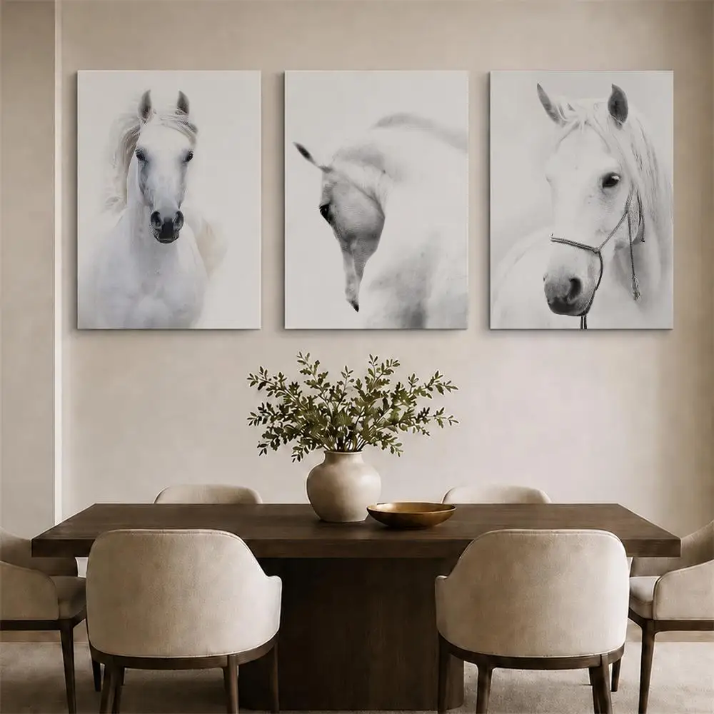 Black White Horse Framed Wall Painting Ready to Hang Canvas Art Poster for Living Room Bedroom Home Decor Decals