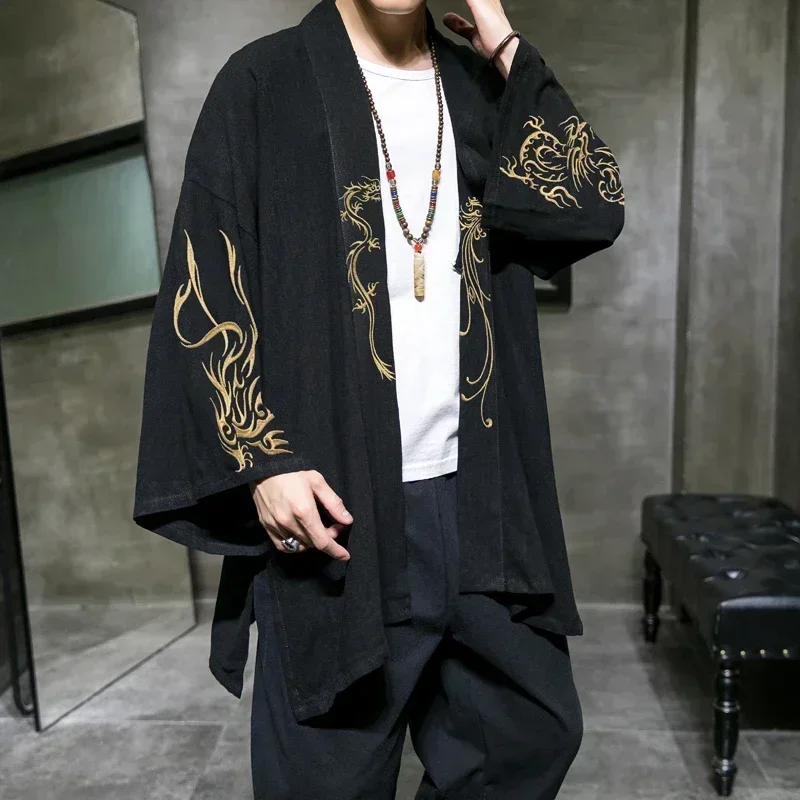 

2022 Fashion Costume Embroidery Hanfu Mens Chinese Style Robe Cardigan Jacket Oversized Kimono 5XL Ancient Coat Male