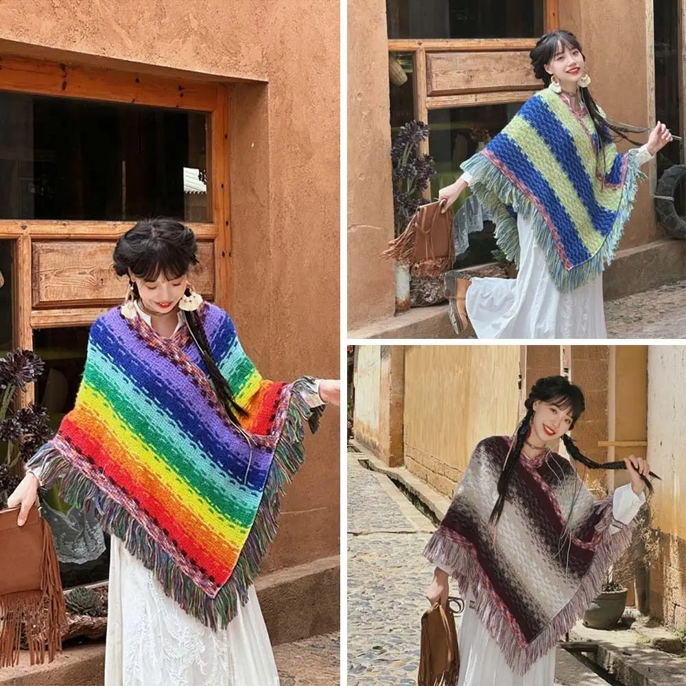 Coat Overlays Winter Warm Mongolian Poncho Ethnic Style Polyester Knitting Wraps Striped Knitted Cape Women Fashion