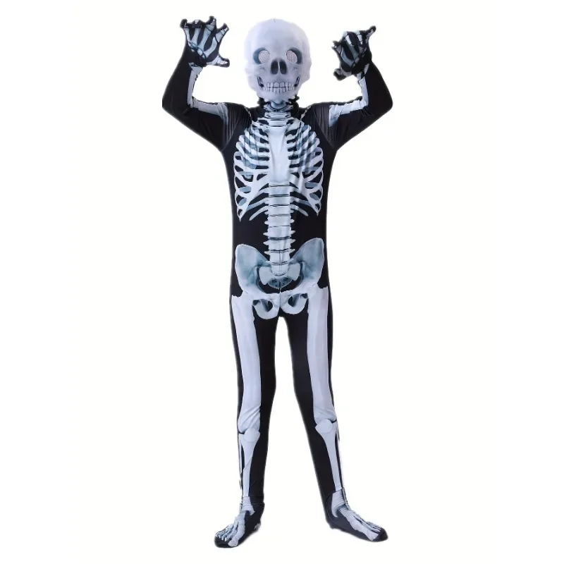 3-12Y Halloween Boys Skeleton Costume Printed Skeleton Mask Jumpsuit with Scary Mask Spooky Devil Role Play Holiday Party