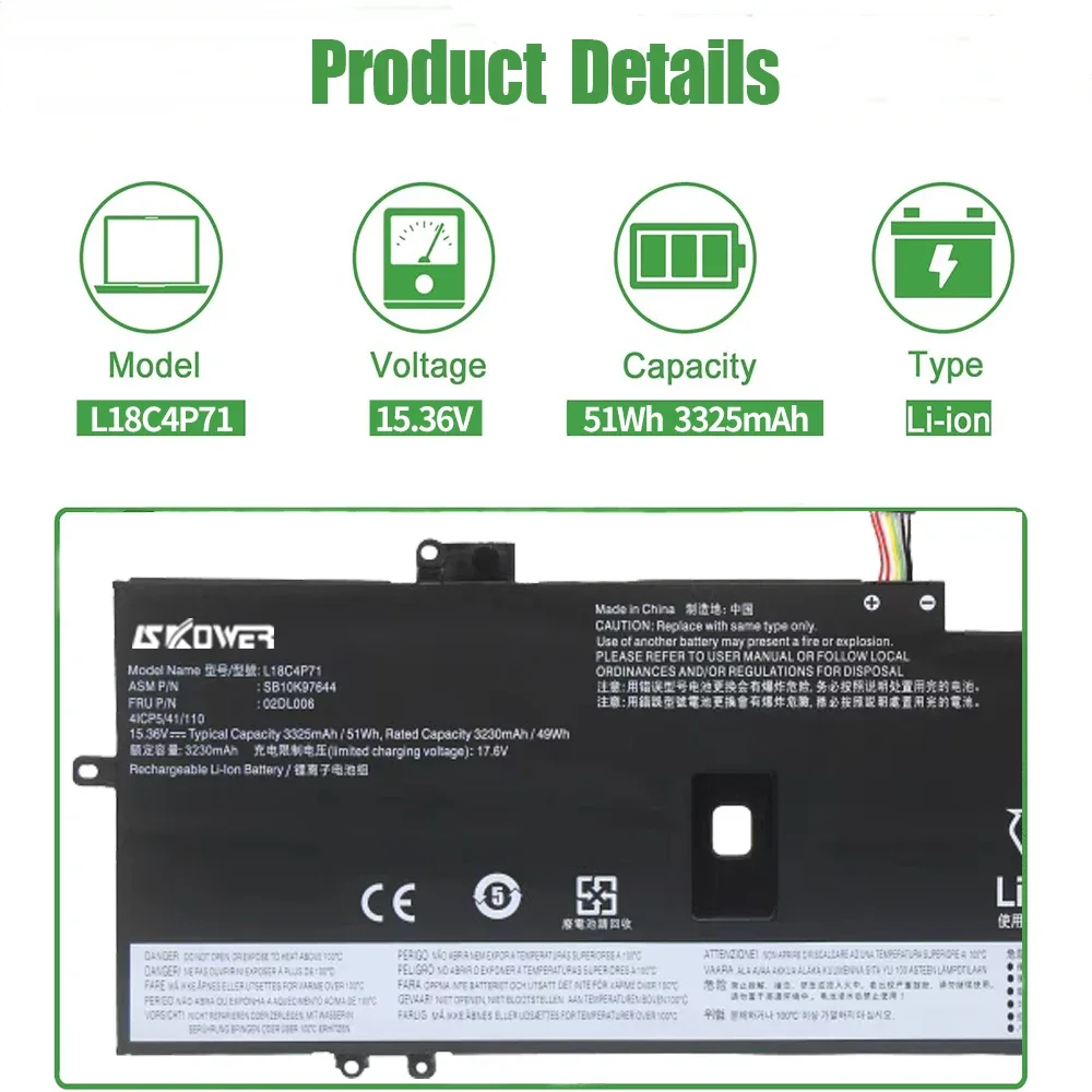 SKOWER L18C4P71 Battery For Lenovo ThinkPad X1 Carbon 7th 2019 8th 2020 Yoga 4th 5th Gen Fits L18L4P71 L18M4P72