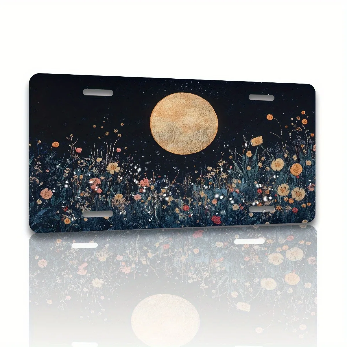 Full Moon and Wildflowers License Plate Aluminum Cover Night Sky Car Decorative Frame