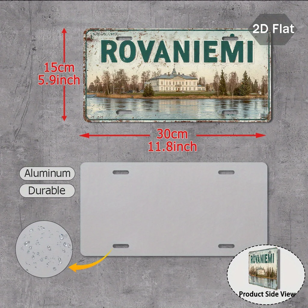 2D Flat Printing Rovaniemi Architectural Aluminum License Plate (29.97cm X 14.99cm), Finnish Retro External Decorative Plaque