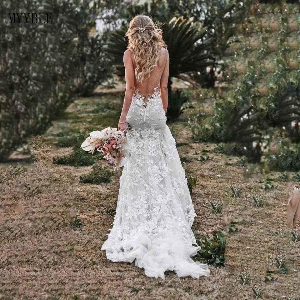 Custom Made Vintage Mermaid Wedding Dresses 2022 V-neck Backless Lace Appliques 3D Flowers Country Bridal Gown Plus Size