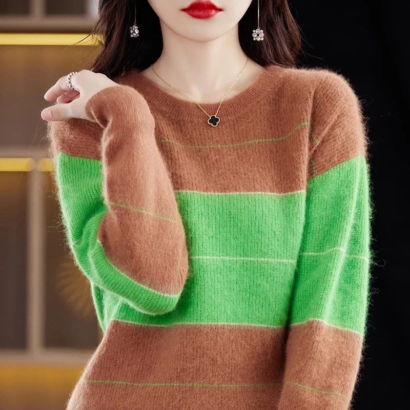 RONGNI 2023 Autumn Winter New 100% Mink Cashmere Women's Clothes Round Neck Pullover Color Block Knitted Sweater Jumper BR-088