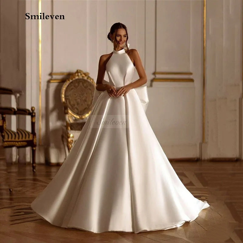 Smileven-Querida Vestidos De Noiva Neck, Branco Marfim Cetim, Sereia Vestidos De Noiva, Modest Vestidos De Noiva, Halter, 2024