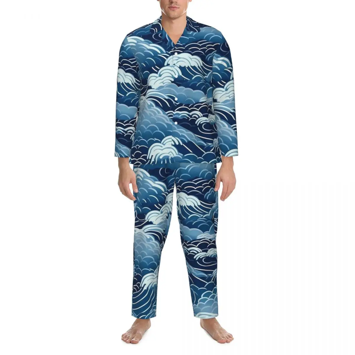 Japanese Seigaiha Pajama Sets Spring Blue Ocean Waves Cute Leisure Sleepwear Men 2 Piece Casual Oversize Design Nightwear Gift