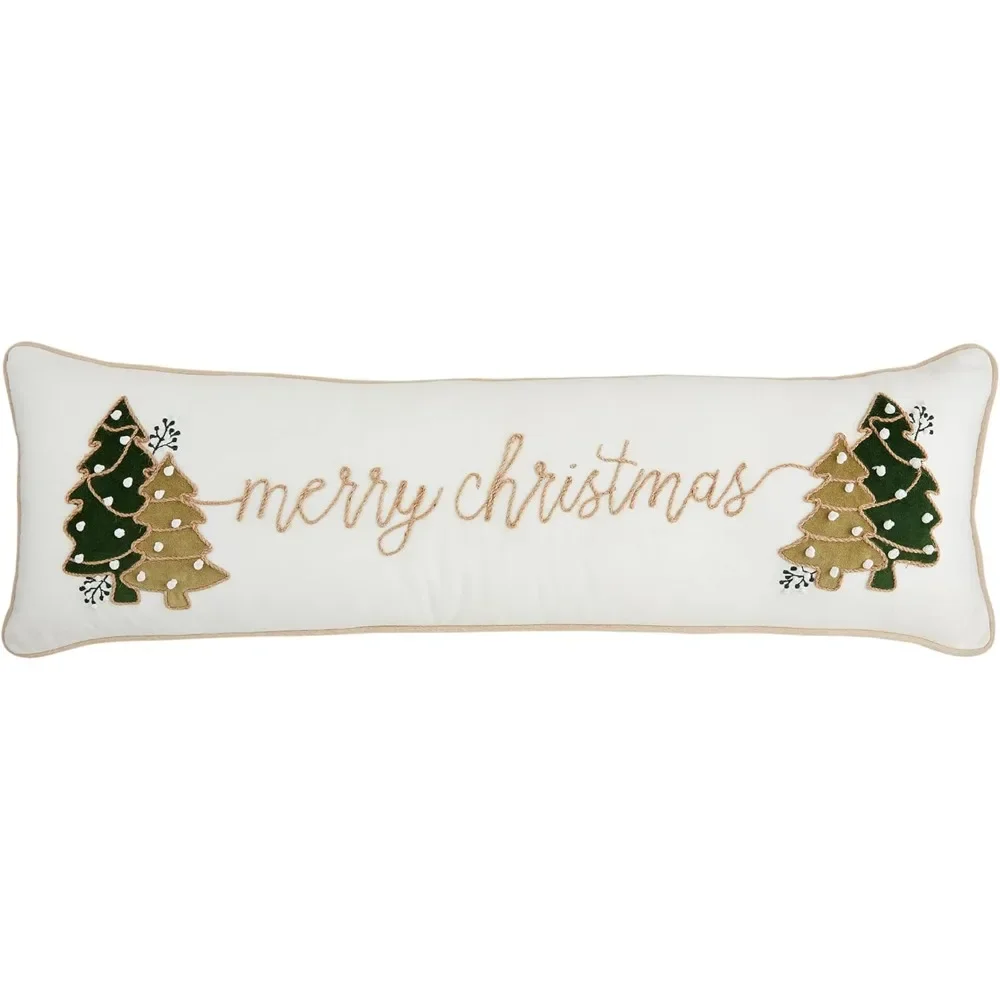 

Elegant 11" x 35" White Velvet Applique Xmas Pillow - Perfect Holiday Decor