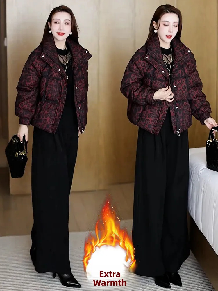 Faionable Thiened Cotton down Jaet Ladies Coat Leopard Print ort Size Bread Sle Winter New Arrival Korean Loose Fit