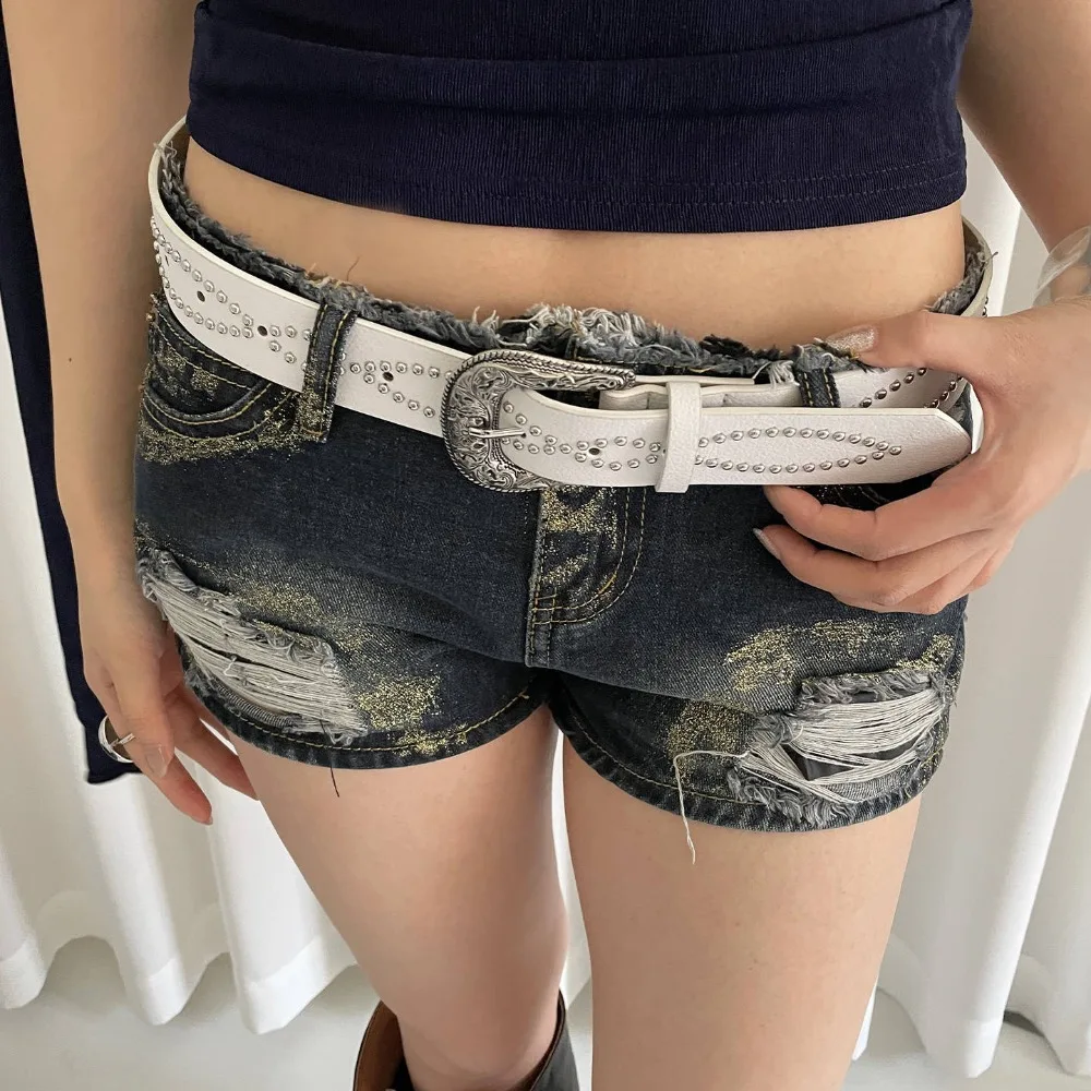 

Модный женский ремень Y2K с заклепками, винтажный джинсовый пояс, широкий кожаный пояс с металлической пряжкой, универсальный ремень в стиле панк для дерзких девушек