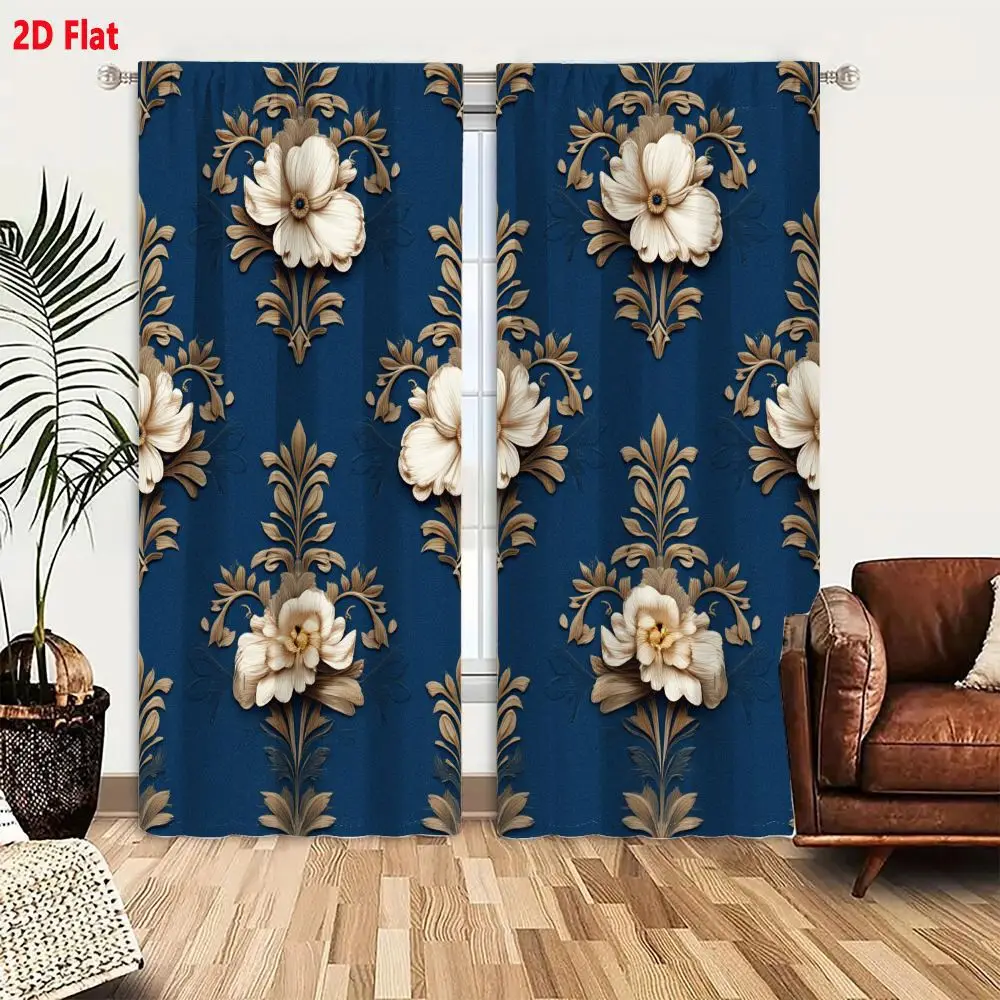 2Pcs Curtains 2D Flat Deep Blue Background Light Warm-Toned Cream Beige Gold Bronze Accents Stylized Floral Motifs White Flowers