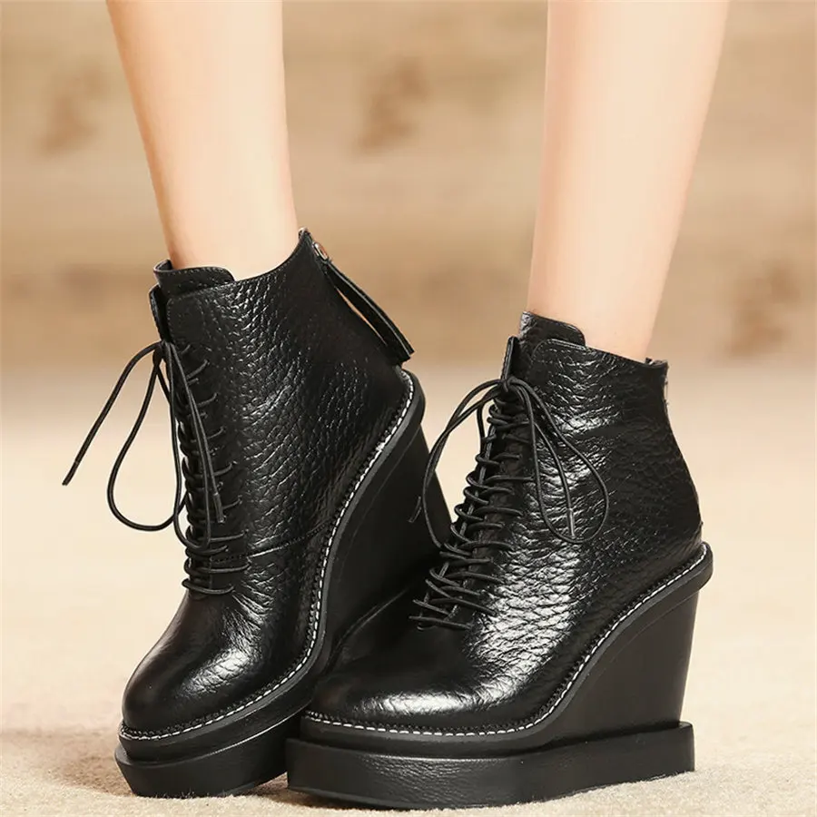 

Platform Shoes Women Lace Up Genuine Leather Super High Heels Party Pumps Female Round Toe Wedges Fashion Sneakers Casual Shoes