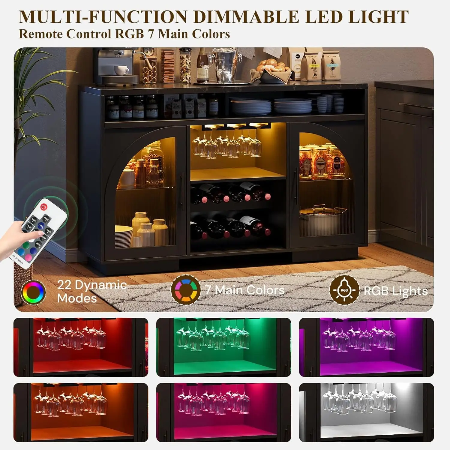 54" LED Kitchen Buffet Cabinet with Arched Glass Doors Adjustable Shelves Wine Rack Dining Storage Black, Customized