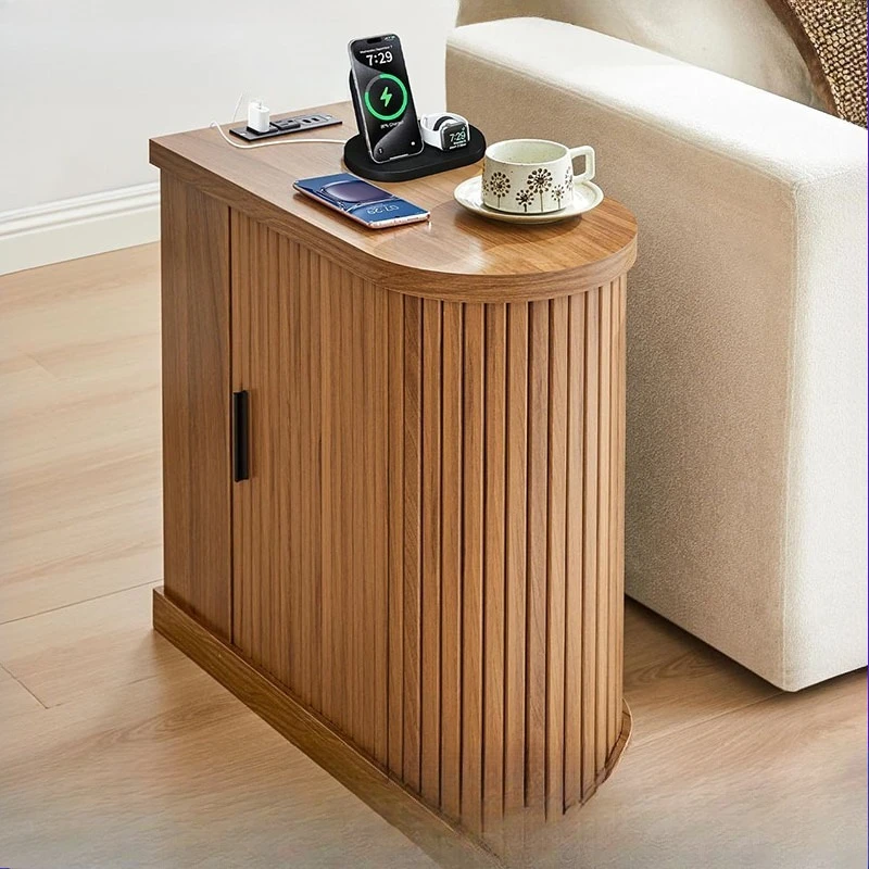 With charging station edge table, suitable for small spaces, medium curved with groove bedside table and door
