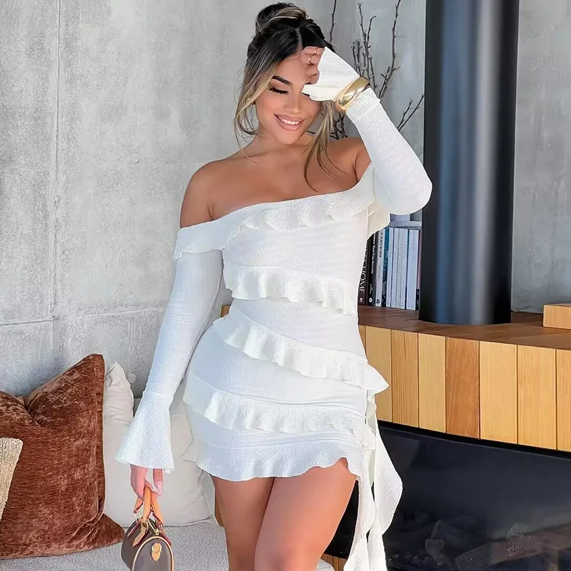 

Ruffle Bandage Mini Dress Women's Sexy Off Shoulder Pleated Party Dress Strapless Long Sleeve Patchwork Mini Dress