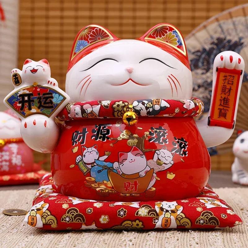 6.5/8.5 Inch Ceramic Beckoning Cat Maneki Neko Ornament Swing Lucky Fortune Cat Feng Shui Decoration Centerpiece Business Gift