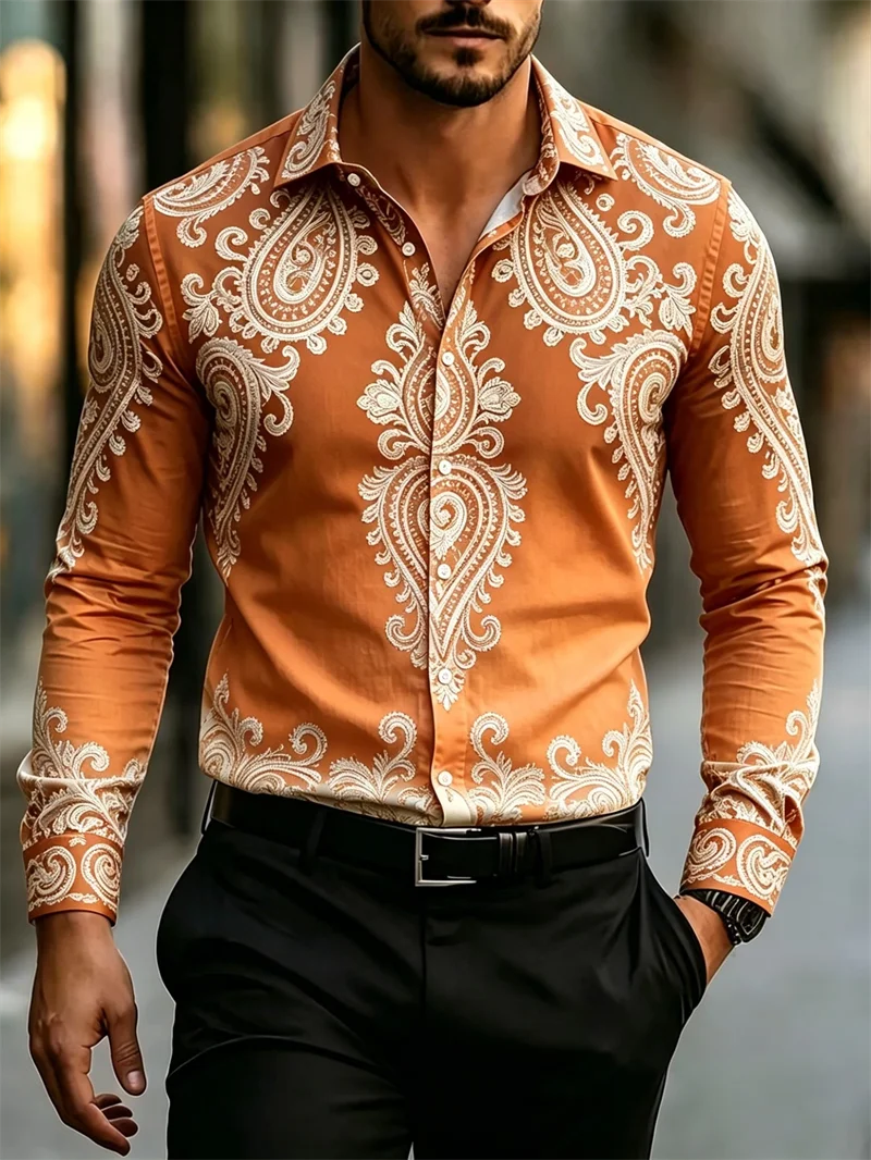 New purple satin European castle rose print men's long sleeved shirt light luxury retro slim casual shirt