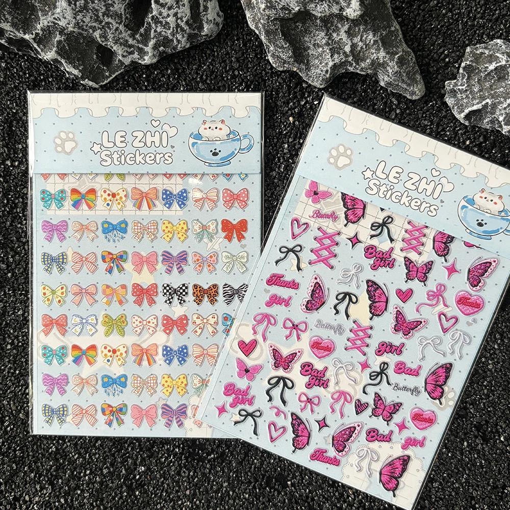 2026 NEW LEZHI Pink Bow Butterfly Nail Art Stickers Colorful Ribbon Y2K Leopard Print Self Adhesive Nail Decals DIY Manicure