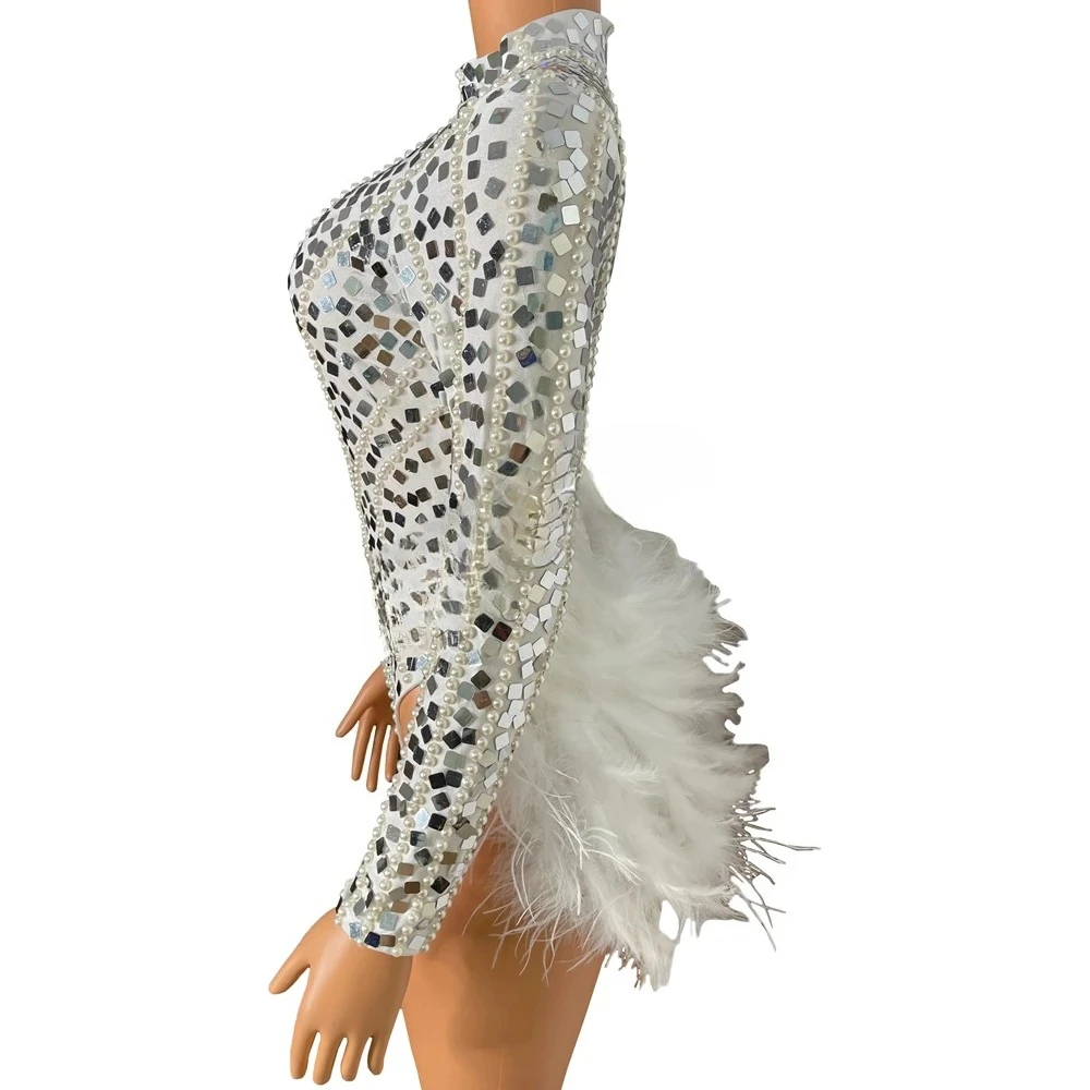 Women Sexy Nightclub Outfit Performance Dance Costume Stage Wear Sparkly Silver Sequins Pearl White Feathers Bodysuit 2 PCS Set