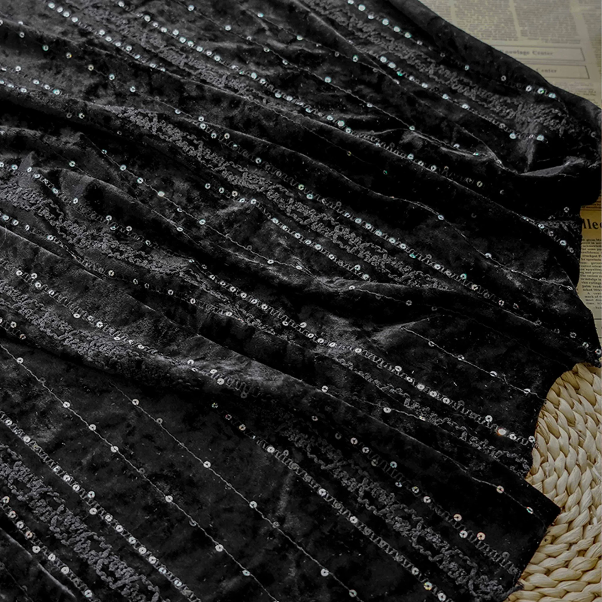

New milk velvet sequin elastic crochet embroidered striped fabric for stage costumes and fashion designer fabrics by meter