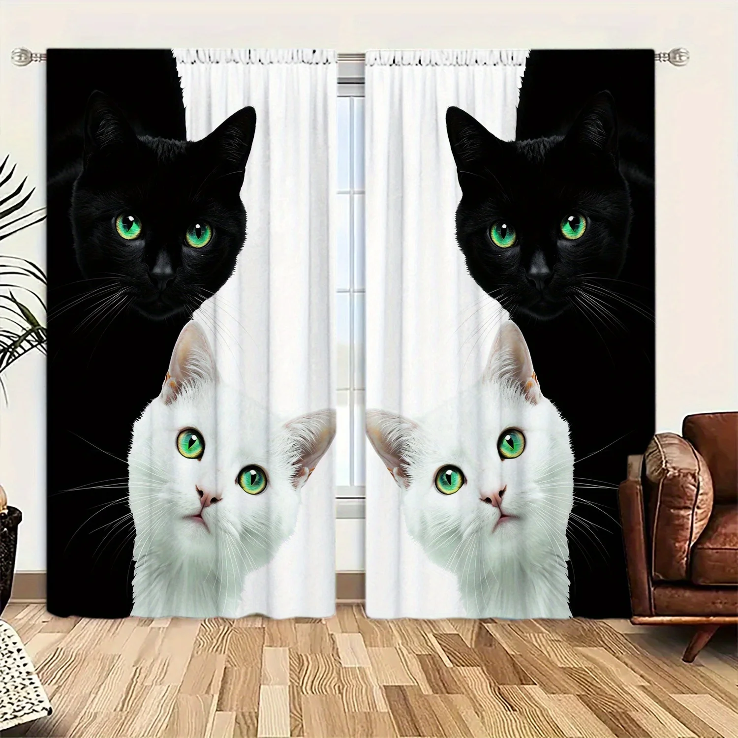 

2pcs Cat Curtains Black White Pet Face Print Drape Animal Lover Home Decor Funny Kitten Window Treatment Rod Pocket Panels