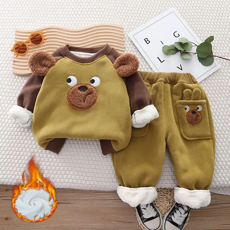 Baby Lambwool Thickened Sets Children Plus Velvet Winter Suits Boys Girls Sweatshirts+Pants 2Pcs Outfits Kids Warm Clothing 1-5Y