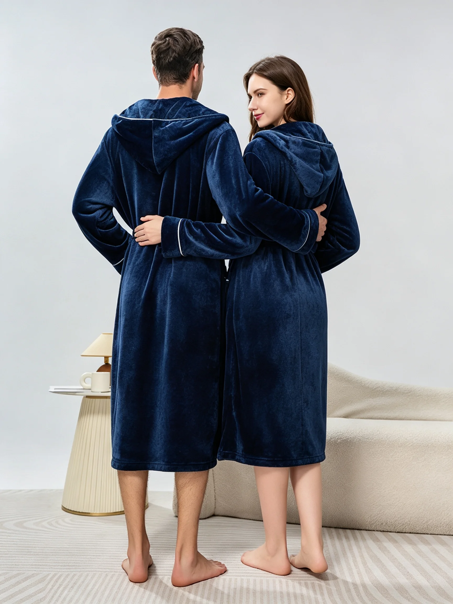 Men's Bathrobe Couple Hooded Bathrobe Soft Fleece Long Sleeve Robe With Pockets Tie Waist Loose Home Loungewear For Men Women