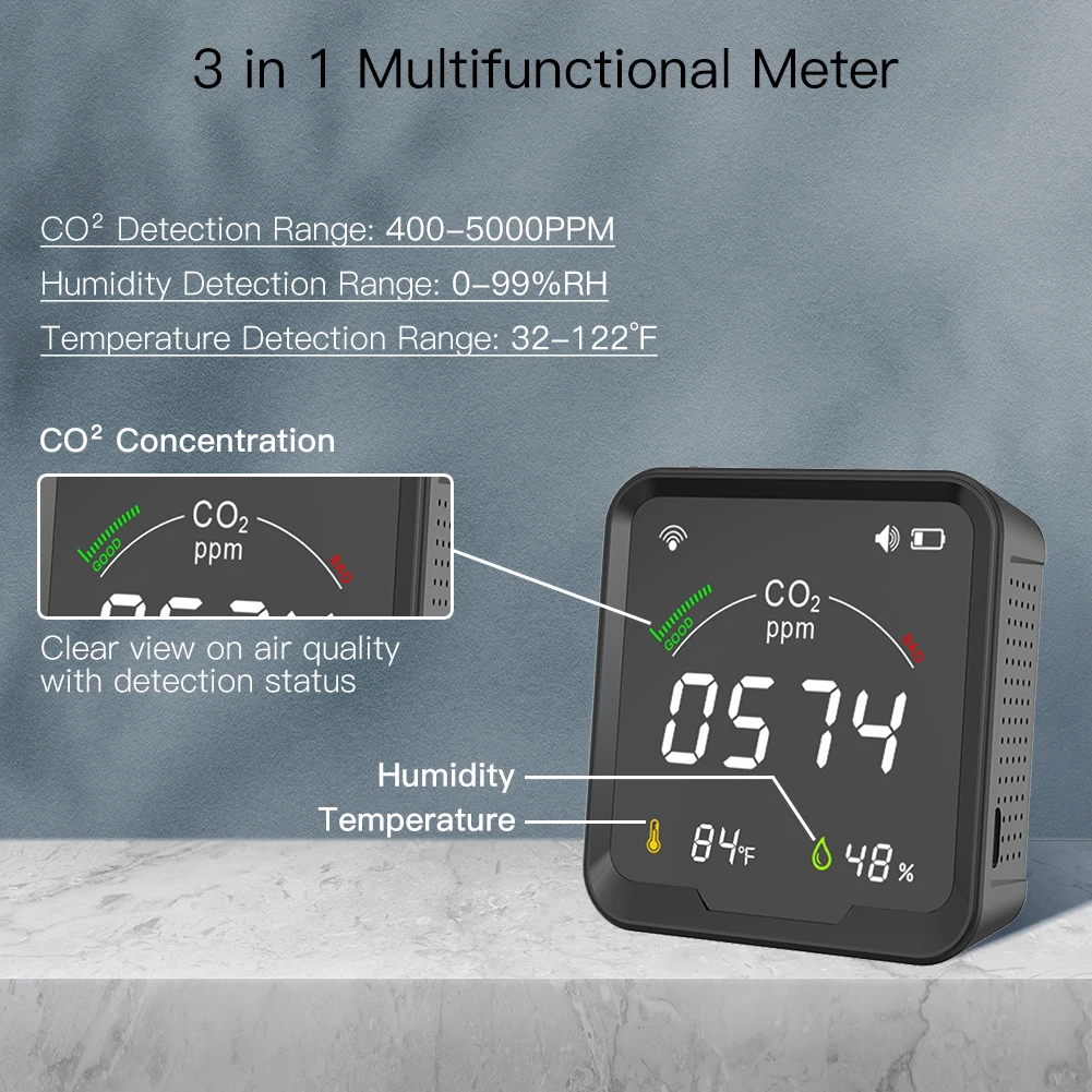 WiFi Tuya Smart CO2 Detector 3 in 1 rilevatore di anidride carbonica Monitor della qualità dell\'aria temperatura umidità Tester dell\'aria con sveglia