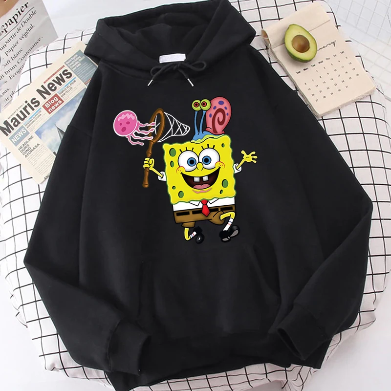 

SpongeBob SquarePants printed women's autumn and winter hoodie plus fleece sweater black loose top