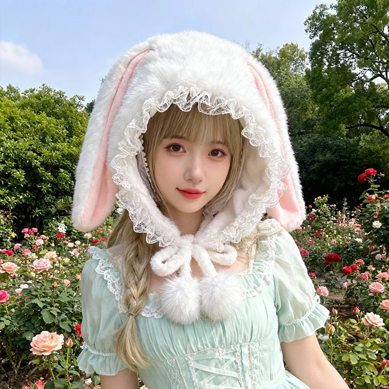 Japanese Style Girl Anime Bunny Fluffy Hat Headwear Lolita Rabbit Long Lop Ears Furry Headgear Fursuit Cosplay Performance Props