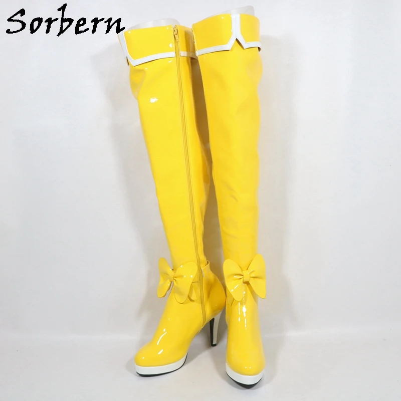 Sorbern Customized Yellow Shiny Over The Knee Boots For Women High Heel Platform Ankle Bows Cosplay Boot Long