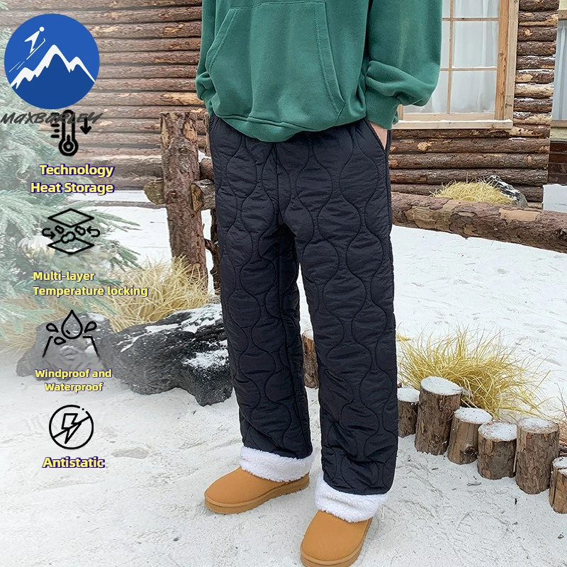 

COMXZ Winter Warm Pants Men Leisure Plush Thick Fleece Waterproof Overalls Trousers Women Ski Windproof Lambswool Padding Pants